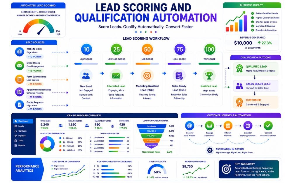 Lead scoring and qualification automation infographic, CRM lead scoring, automated lead qualification, lead scoring workflow, marketing automation, sales pipeline automation, lead nurturing, CRM dashboard, customer journey automation, lead conversion optimization, B2B lead generation, sales ready leads.