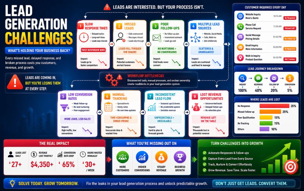 Local Business Marketing Automation infographic showing lead generation challenges, missed leads, slow response times, poor follow-ups, manual tracking, and low conversion rates.