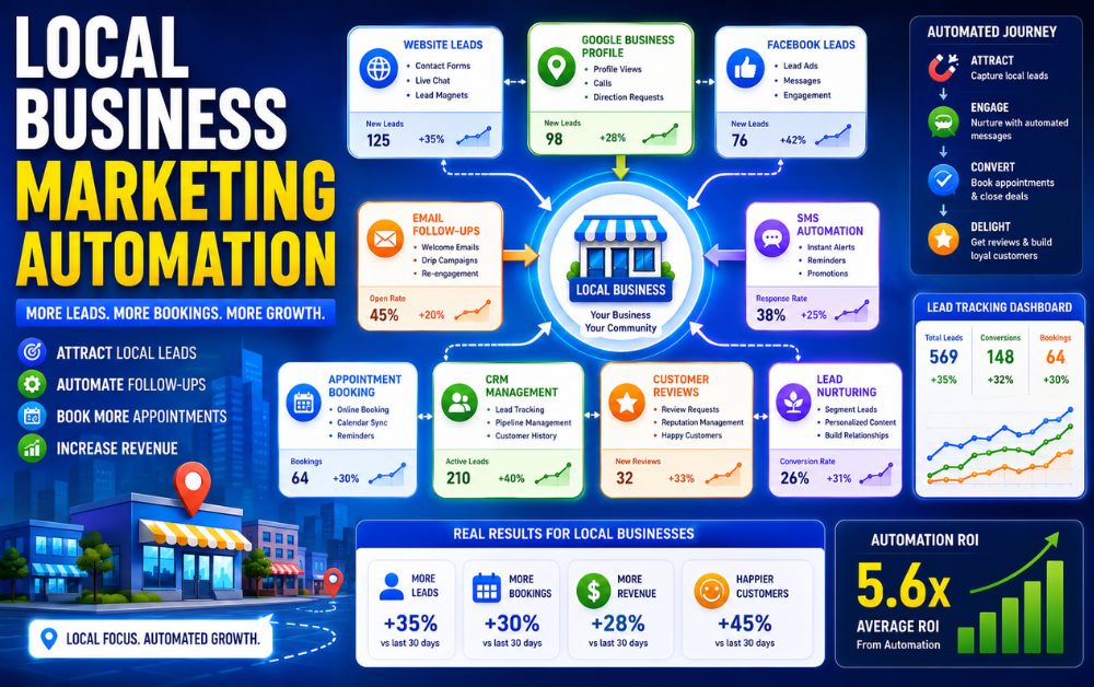 Local Business Marketing Automation infographic showing website leads, Google Business Profile, email follow-ups, SMS automation, CRM management, appointment booking, and customer reviews.