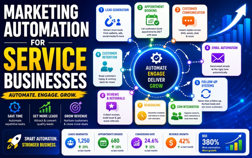 Marketing Automation for Service Businesses workflow infographic featuring lead generation, scheduling, email automation, CRM integration, reviews, customer retention, and ROI.