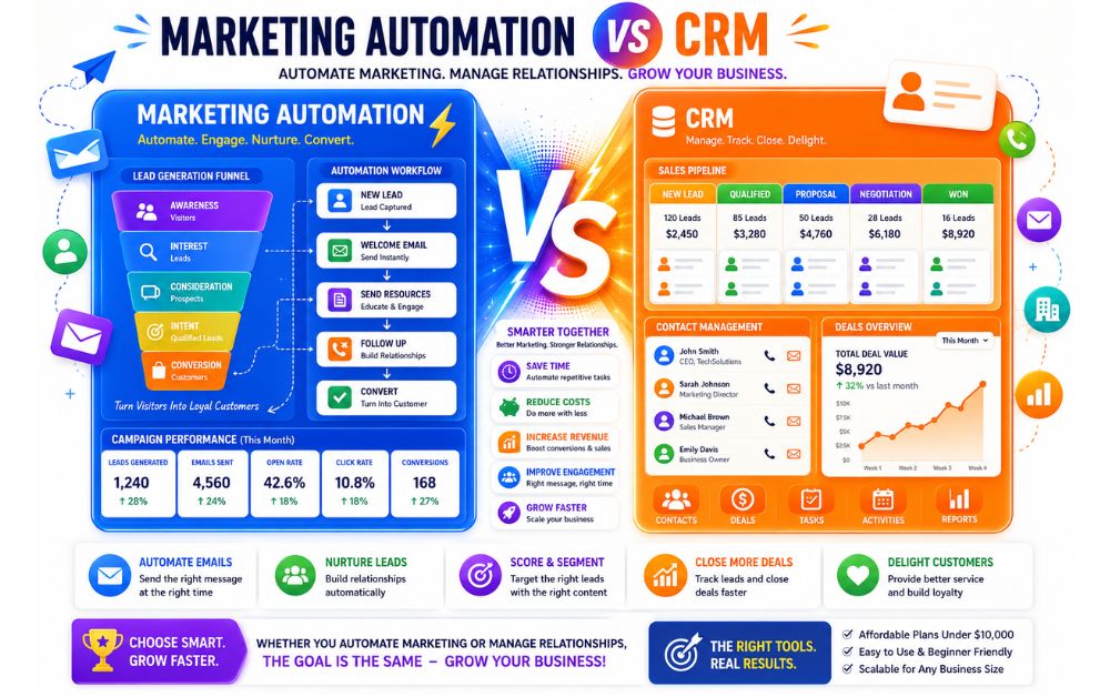Marketing Automation vs CRM infographic comparing lead generation, automation workflows, and customer management.