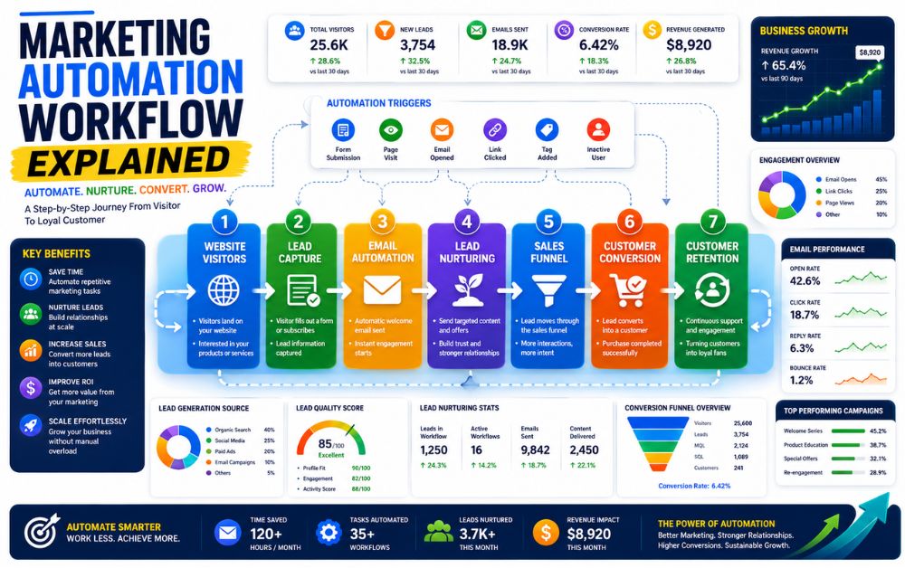 Marketing Automation vs CRM infographic comparing lead generation, email automation, CRM pipeline, customer journey, and business growth workflow.