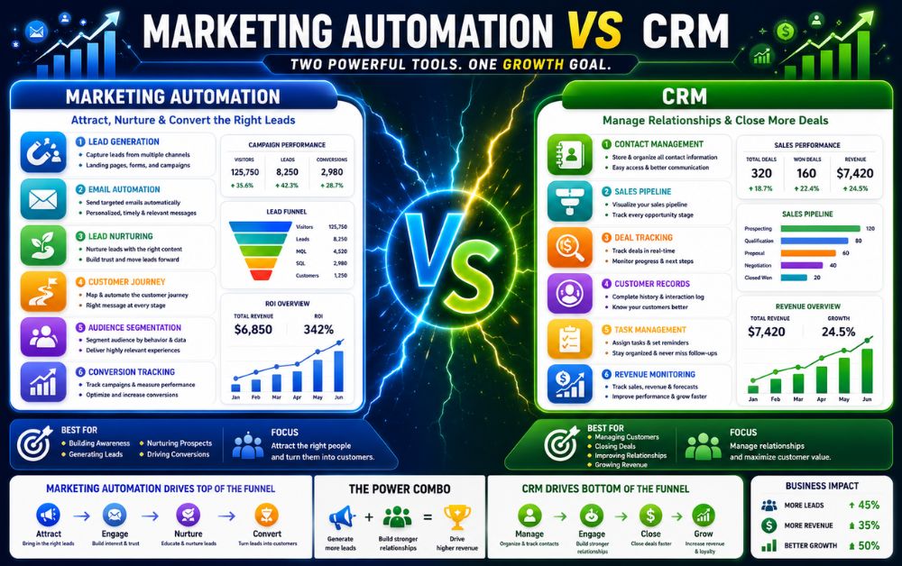 Marketing Automation vs CRM infographic comparing lead generation, email automation, sales pipeline, contact management, and business growth.