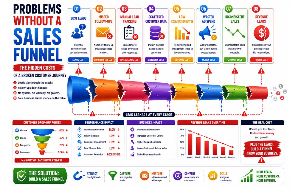sales funnel for small business How to Build a Sales Funnel for a Small Business Using Affordable Tools infographic showing lost leads, missed follow-ups, manual lead tracking, low conversion rates, and revenue leaks.