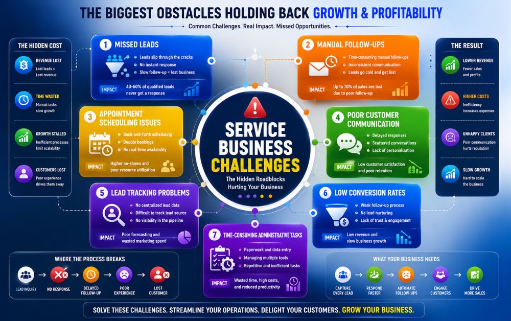 Marketing Automation for Service Businesses infographic showing missed leads, manual follow-ups, scheduling issues, customer communication, and lead tracking challenges.