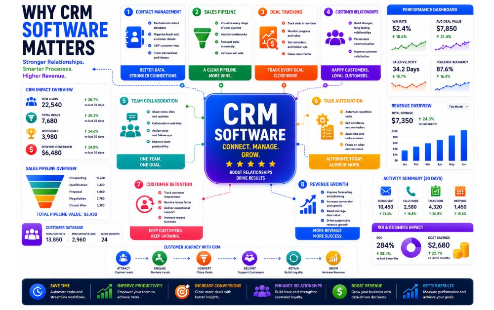 CRM software infographic showing contact management, sales pipeline, customer relationships, task automation, analytics, and revenue growth.