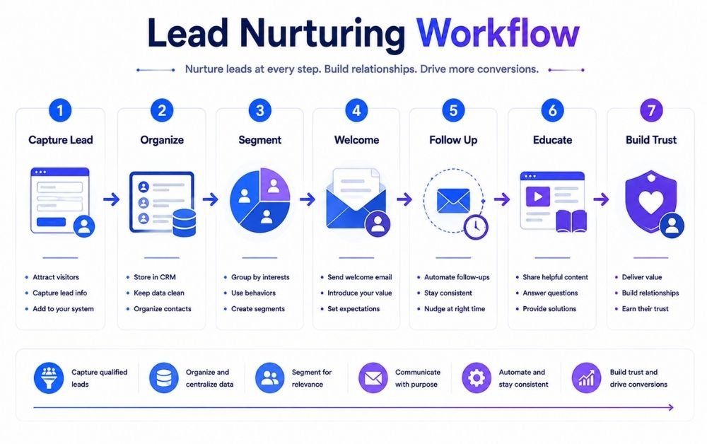 Lead Nurturing Workflow showing 7 stages from lead capture and organization to education and trust building.