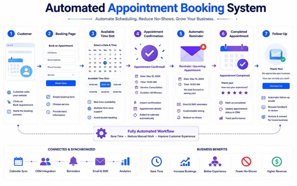 Lead Capture to CRM Automation infographic showing automated appointment booking, confirmation, reminders, completed appointments, and follow-up.