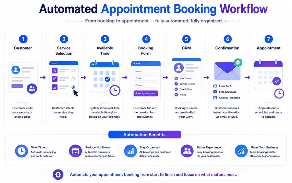 Lead Capture to CRM Automation infographic showing an automated appointment booking workflow from customer selection to CRM confirmation.