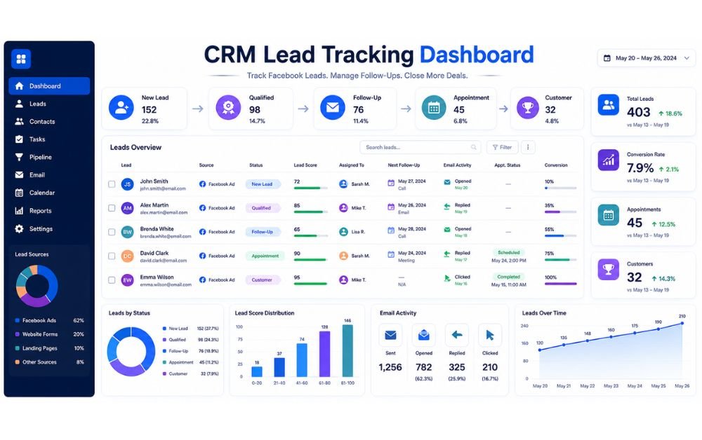 Lead Capture to CRM Automation dashboard showing lead tracking, scoring, follow-ups, appointments, and conversions.