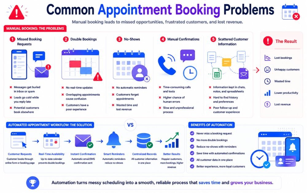 Lead Capture to CRM Automation infographic showing common appointment booking problems and an automated scheduling workflow.