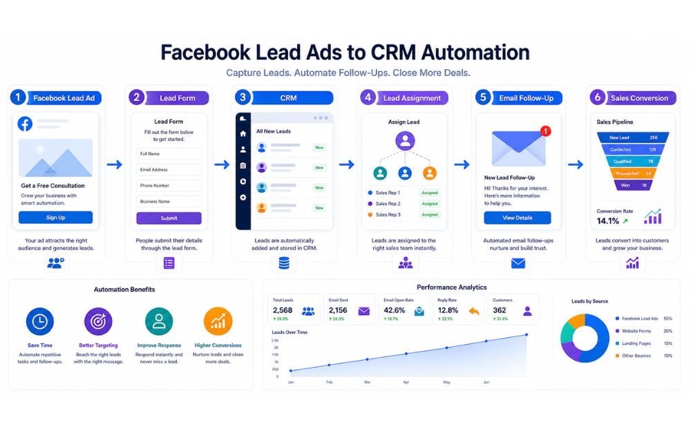 Facebook Lead Ads to CRM Automation workflow showing lead form, CRM, lead assignment, email follow-up, and sales conversion.