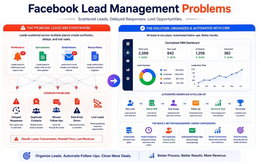 facebook-lead-ads-crm-integration, Lead Capture to CRM Automation infographic showing Facebook lead management problems, scattered leads, CRM organization, and automated follow-ups.