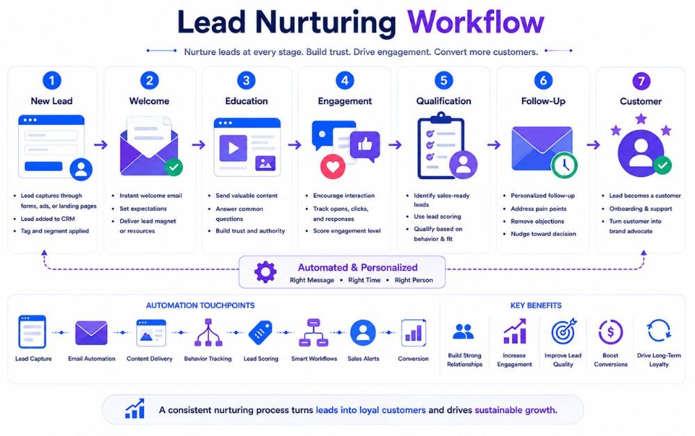 Lead Nurturing Workflow showing new lead, welcome, education, engagement, qualification, follow-up, and customer stages.