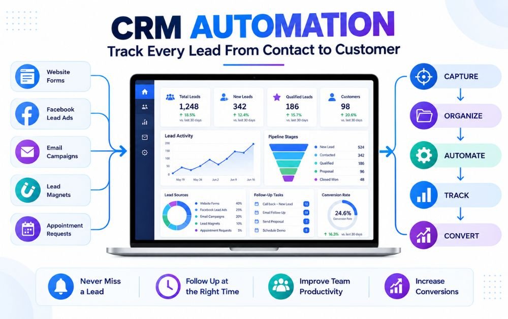 CRM Automation infographic showing how businesses capture, organize, automate, track, and convert leads using a CRM dashboard.