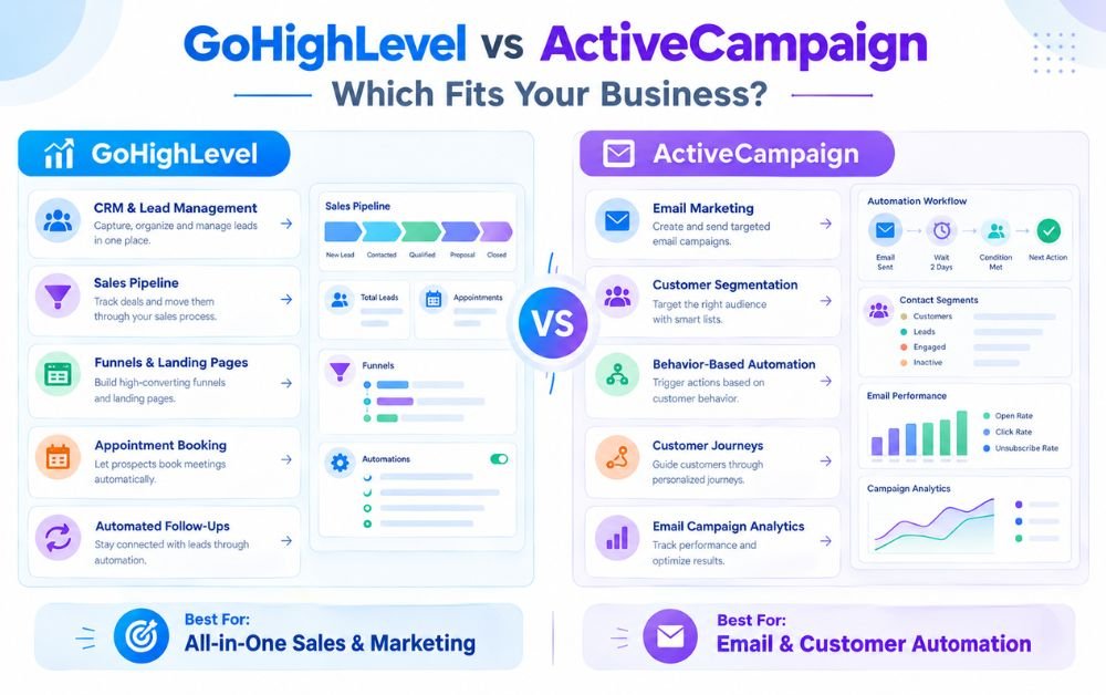 CRM Automation comparison infographic showing GoHighLevel and ActiveCampaign features for sales, marketing, and customer automation.