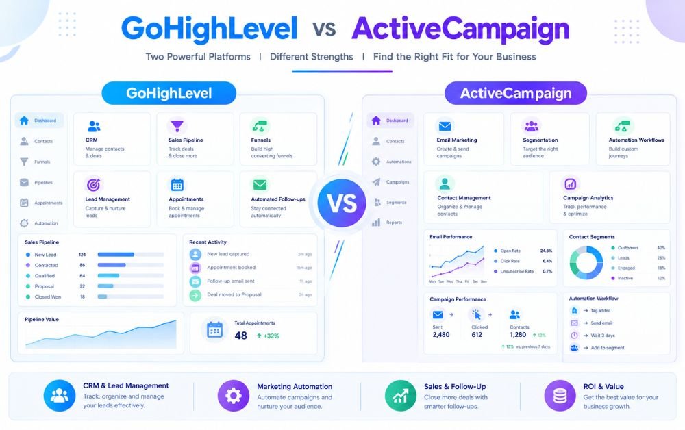 GoHighLevel vs ActiveCampaign comparison infographic showing CRM, lead management, marketing automation, sales follow-up, and ROI differences.