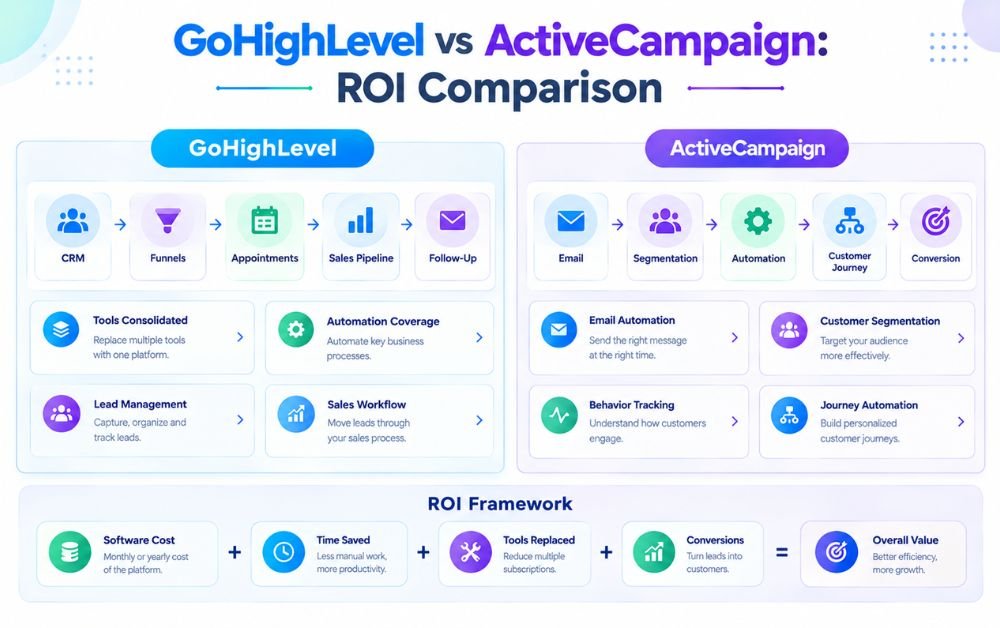 CRM Automation ROI comparison dashboard showing GoHighLevel and ActiveCampaign workflows, automation, lead management, and overall value.