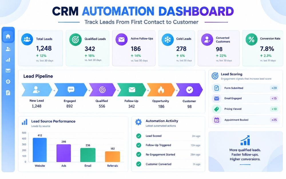 CRM Automation dashboard showing lead tracking, lead scoring, follow-ups, sales pipeline, lead sources, and conversion analytics.