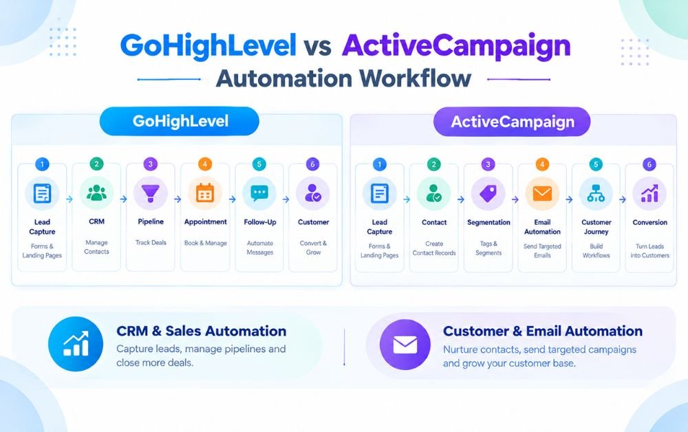 CRM Automation workflow comparison showing GoHighLevel and ActiveCampaign from lead capture to customer conversion.