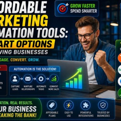 Business owner comparing affordable marketing automation tools with CRM, email automation, and sales growth dashboards.