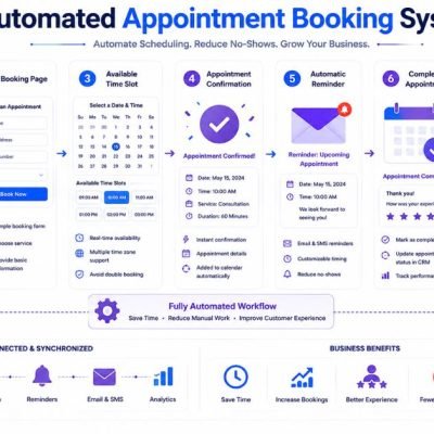 Lead Capture to CRM Automation infographic showing automated appointment booking, confirmation, reminders, completed appointments, and follow-up.
