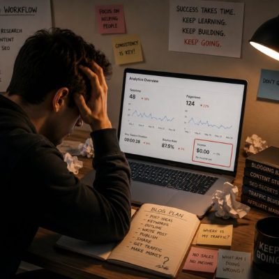 frustrated beginner blogger checking low website traffic and zero income analytics on laptop in a messy digital marketing workspace