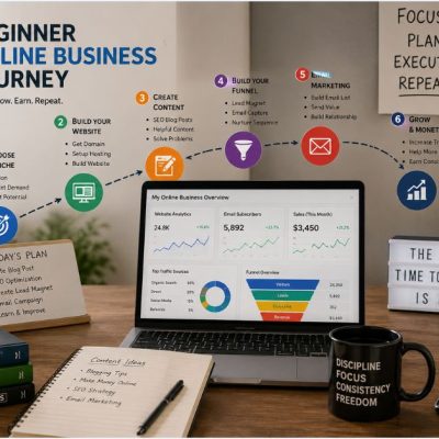 beginner online business journey showing blogging funnels email marketing website building and digital growth workflow in a realistic modern workspace
