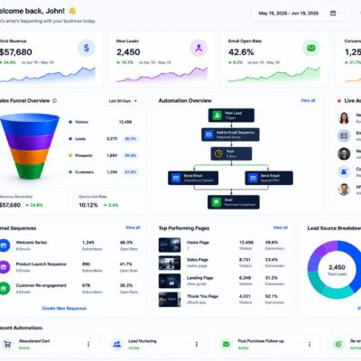 Modern business process automation software dashboard inspired by Systeme.io featuring automated workflows, lead management, email sequences, conversion tracking, and futuristic SaaS analytics interface