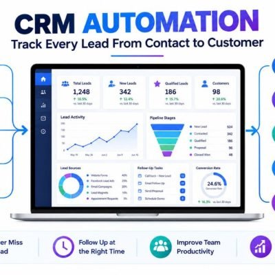 CRM Automation infographic showing how businesses capture, organize, automate, track, and convert leads using a CRM dashboard.