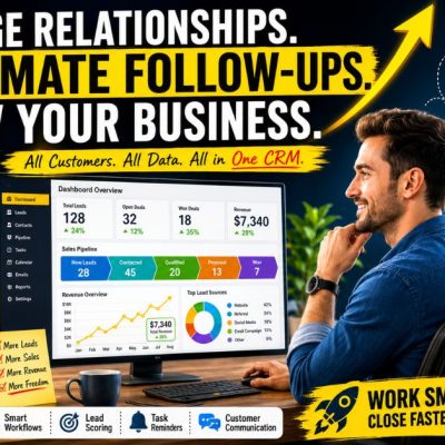 Business owner managing customer relationships with a modern CRM dashboard and sales automation.