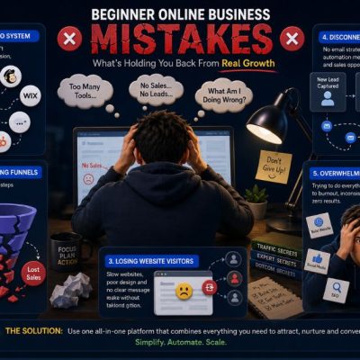 beginner online business mistakes infographic showing broken sales funnels disconnected email marketing confusing tools and lost website visitors ,7 Mistakes Beginners Make Before Building Their First Funnel
