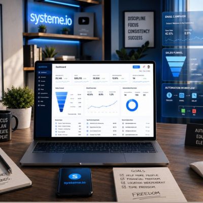 modern digital marketing automation workspace with laptop showing funnel dashboard email campaigns automation workflows and blogging setup