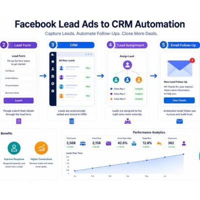 Facebook Lead Ads to CRM Automation workflow showing lead form, CRM, lead assignment, email follow-up, and sales conversion.