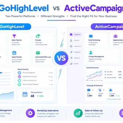 GoHighLevel vs ActiveCampaign comparison infographic showing CRM, lead management, marketing automation, sales follow-up, and ROI differences.