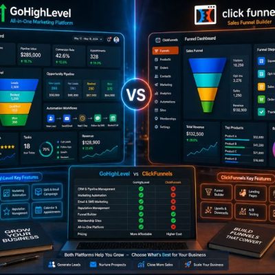 GoHighLevel vs ClickFunnels comparison dashboard showing CRM pipeline sales funnel automation workflows analytics charts and marketing tools