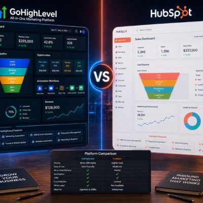 GoHighLevel vs HubSpot comparison dashboard showing CRM pipelines automation workflows analytics charts and SaaS marketing platform features