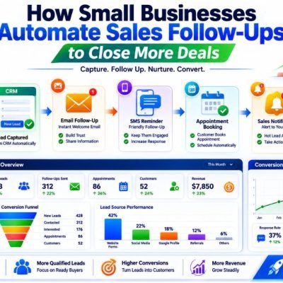 Sales Follow-Up Automation infographic, automated sales follow-up workflow, CRM automation, lead nurturing, email automation, SMS follow-up, small business sales automation.
