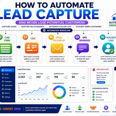 How to Automate Lead Capture and Never Lose Potential Customers infographic showing website visitor, lead form, CRM, email follow-up, SMS reminder, qualified lead, and customer conversion.