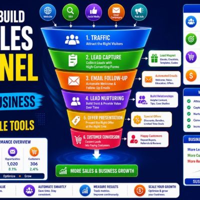 How to Build a Sales Funnel for a Small Business Using Affordable Tools infographic showing traffic, lead capture, email follow-up, lead nurturing, offer presentation, and customer conversion.