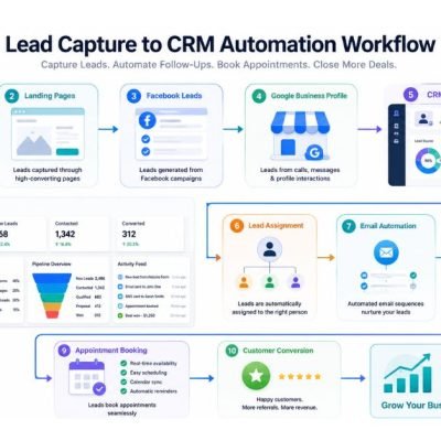 Lead Capture to CRM Automation workflow showing website forms, CRM dashboard, email automation, SMS follow-ups, appointment booking, and customer conversion.