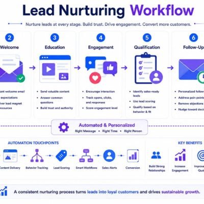 Lead Nurturing Workflow showing new lead, welcome, education, engagement, qualification, follow-up, and customer stages.