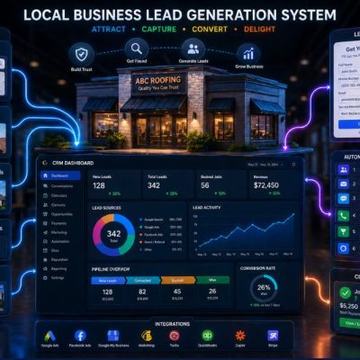 how to generate leads for local businesses system showing storefront connected to Google search ads funnels CRM dashboard and automation workflow