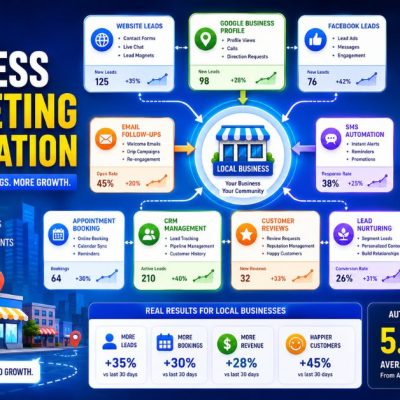Local Business Marketing Automation infographic showing website leads, Google Business Profile, email follow-ups, SMS automation, CRM management, appointment booking, and customer reviews.
