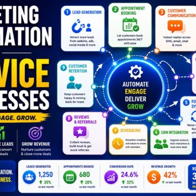 Marketing Automation for Service Businesses workflow infographic featuring lead generation, scheduling, email automation, CRM integration, reviews, customer retention, and ROI.