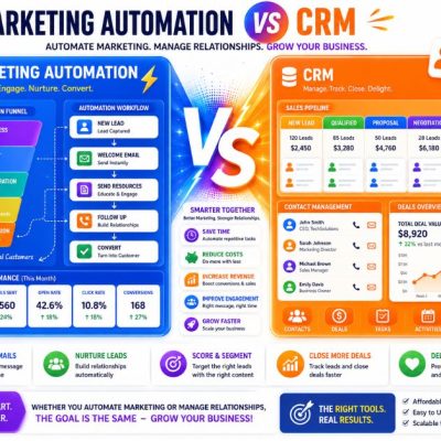Marketing Automation vs CRM infographic comparing lead generation, automation workflows, and customer management.