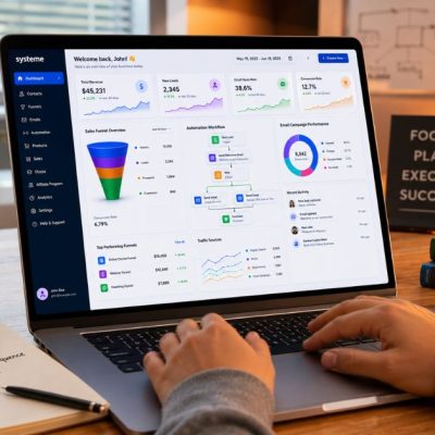 person using workflow automation dashboard with sales funnels email campaigns lead tracking and modern business productivity system