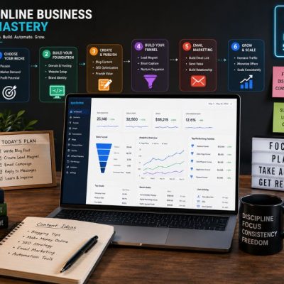online business mastery workspace showing blogging funnels email marketing automation and growth roadmap in a modern productivity setup
