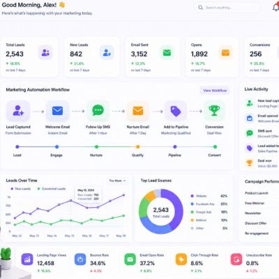 marketing automation tools for startups dashboard with workflow automation lead generation system analytics charts and SaaS interface